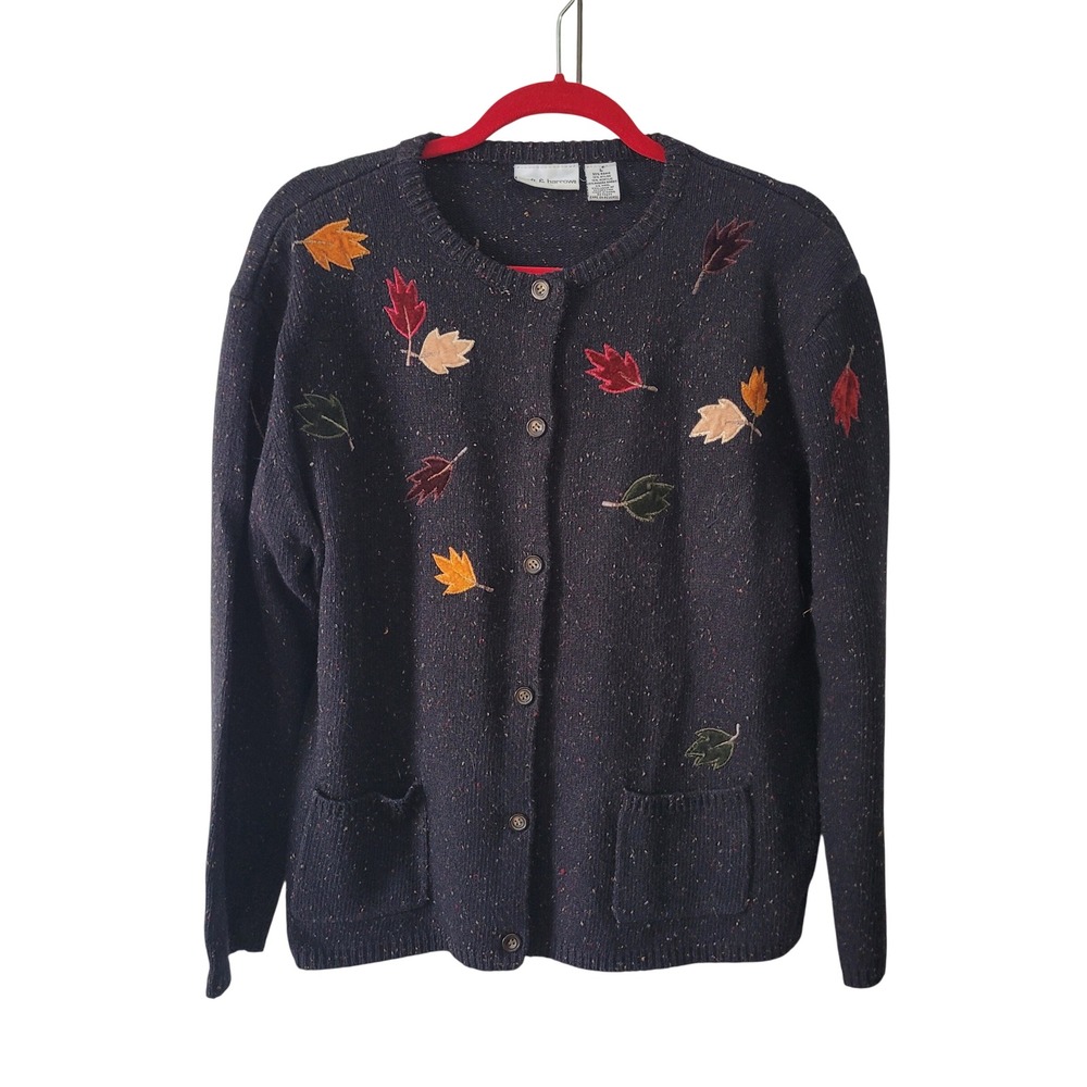Croft & Barrow Womens Large Black Embroidered Leaf Fall Cardigan Sweater Pockets
